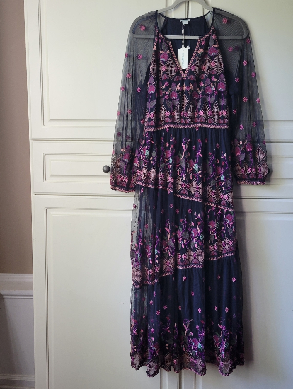 Nwt Sundane Soiree In Vienna Embroidered Maxi Dress Long Sleeve  Partial Sheer M
